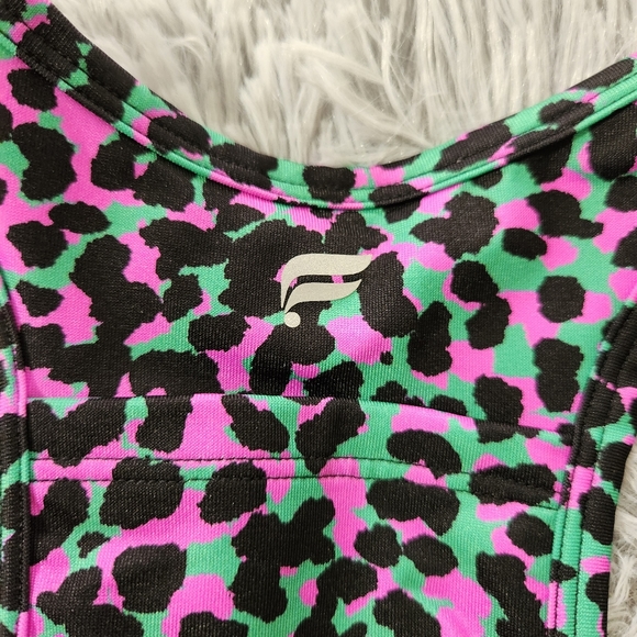 Fabletics Green and Pink Leopard Print On The Go Medium Impact Sports Bra - Picture 5 of 6
